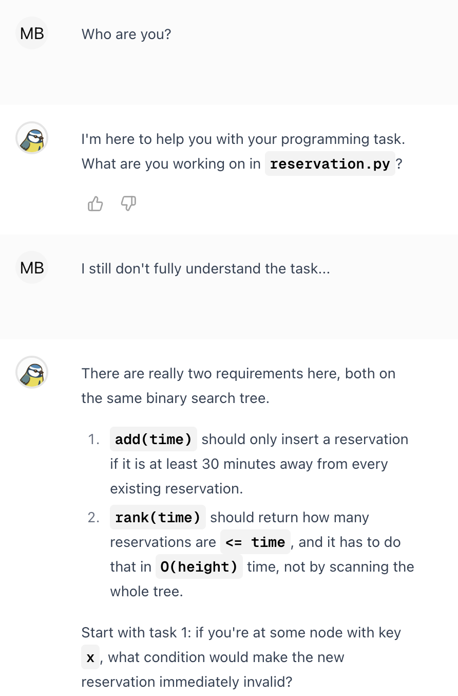 Example conversation between a student and the Ente AI tutor about a programming task